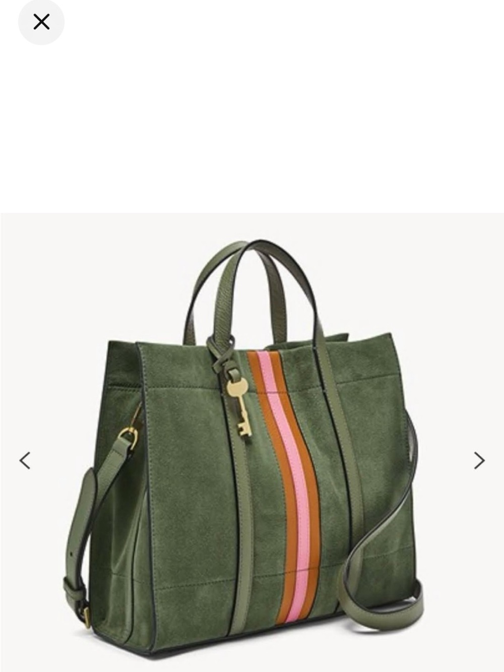 Fossil Olive Suede Tote with Pink and Orange Stripe